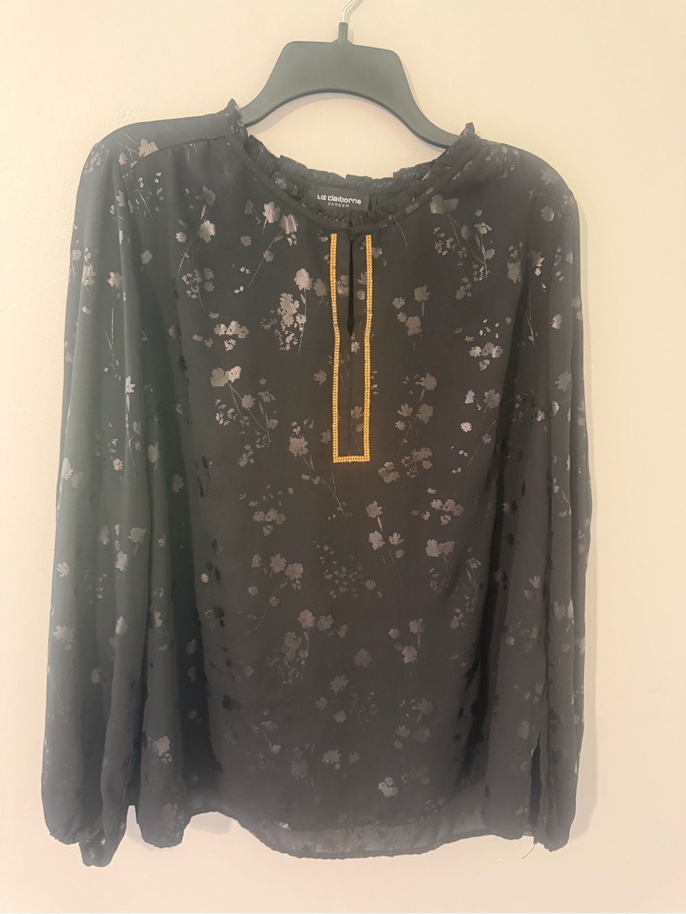 Liz Claiborne Black Floral Sheer Long Sleeve Blouse W/Gold Jewel Trim Detail L